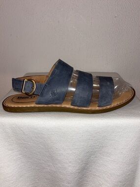 Born Women's Navy Leather Triple-Strap Slide Sandal with Buckle